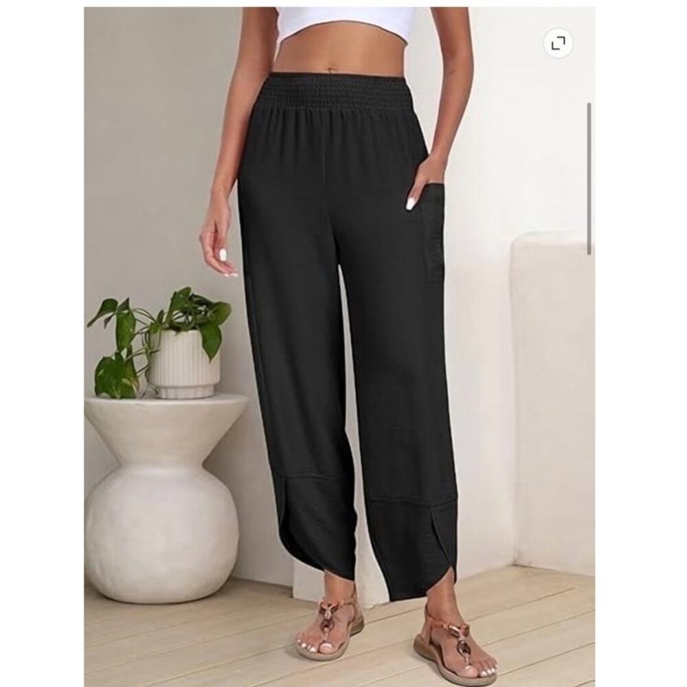 NWT ~ Women's Black Summer Casual Wide Leg Split Hem Palazzo Pants ~ Ladies MED